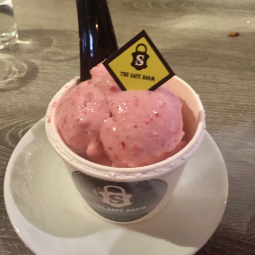 Liquid nitrogen strawberry ice cream - fewer ice crystals, less sugar. Frank chose coconut with caramel sauce, which was served in a coconut!