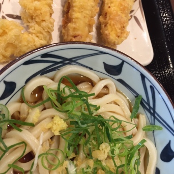 Udon are thick white wheat flour noodles. They are mostly served hot in a bowl of broth, but can also be served cold.